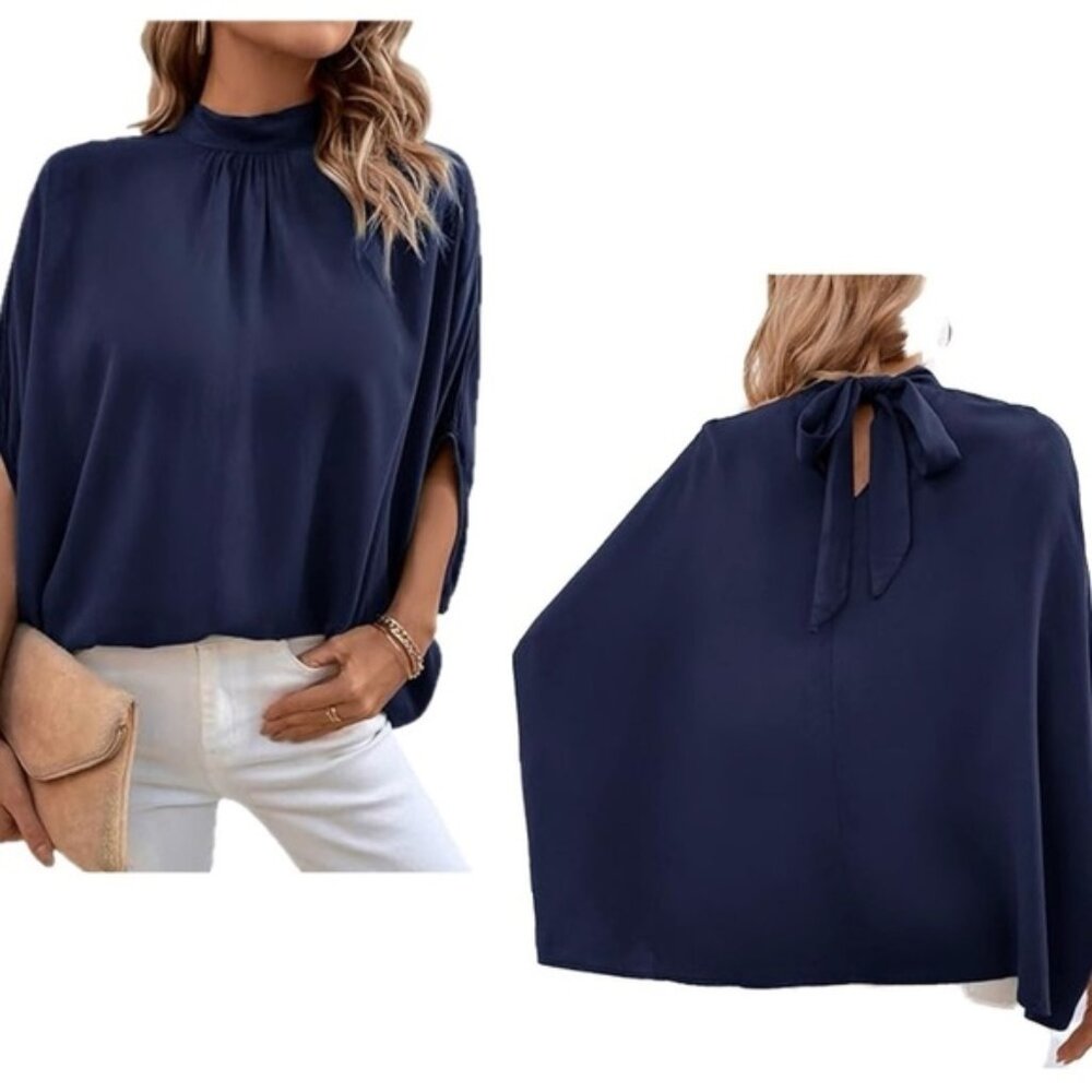 Hapsha navy blue high neck batwing sleeve pleated blouse Sz L